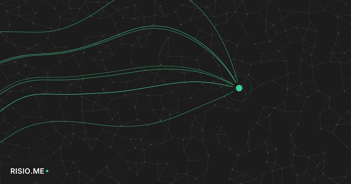 RISIO.ME: green signal lines converge on a glowing dot against a dark network of connected nodes.